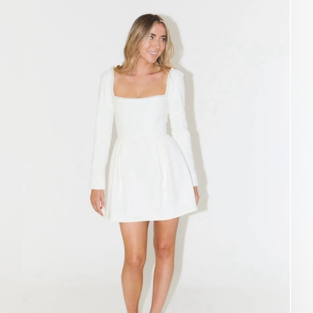 White Long-Sleeve Mini Dress with Square Neckline